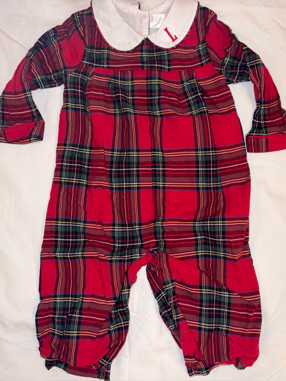 Cecil And Lou festive red plaid Romper Monogrammed “L” on Collar sz 18 months